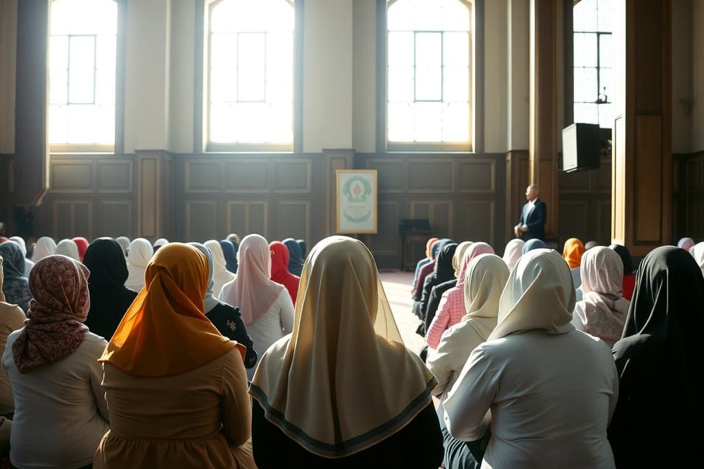 Yeşil Camii içindeki geniş bir sahnede halı üzerinde oturmuş, başörtülü kadın grubu arkadan çekimde Kur'an-ı Kerim tilaveti ve dua için toplanmış; imam veya vaiz önde, mekânın ahşap sütunları ve pencerelerinden gün ışığı süzülüyor.