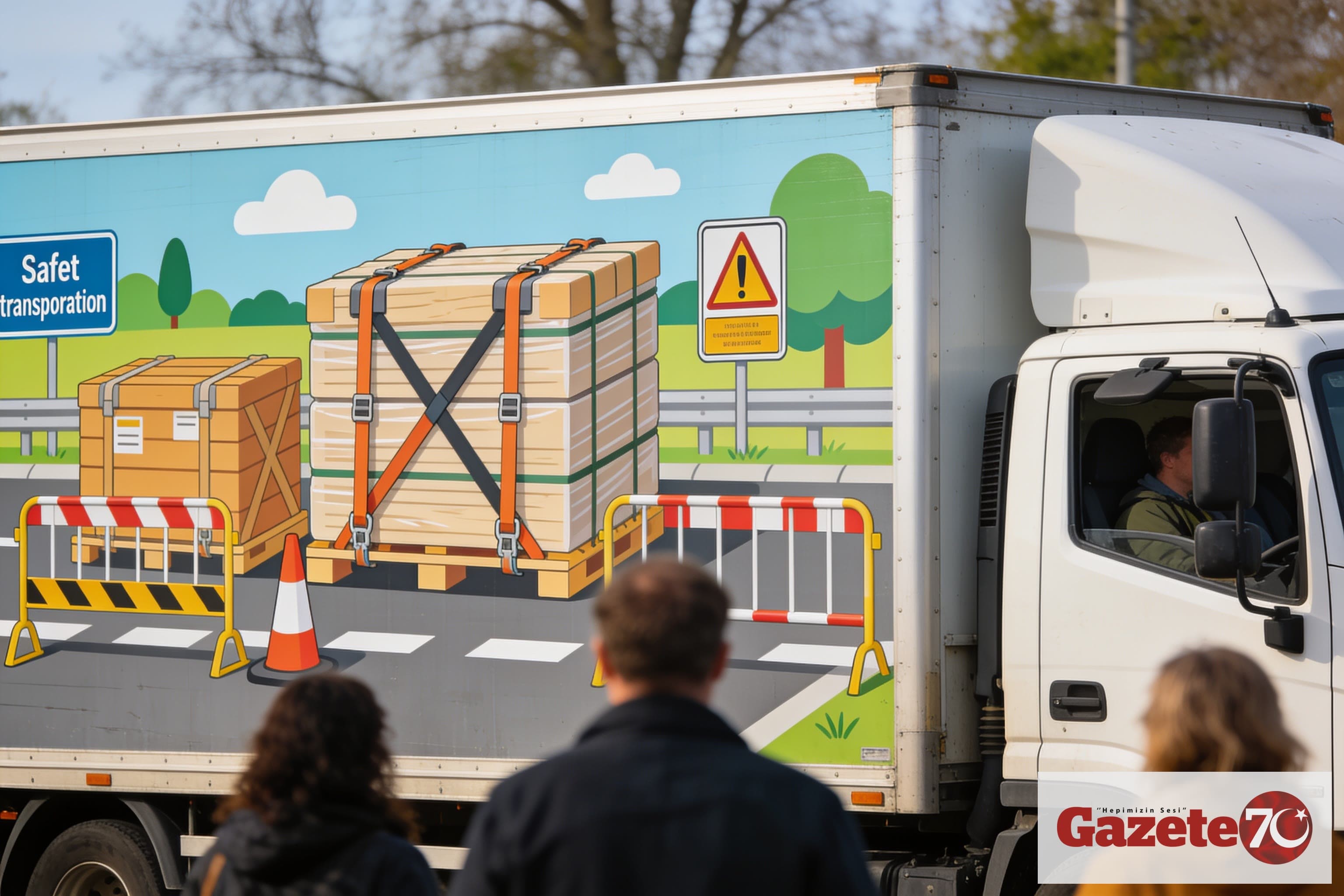 İki genç, çekicinin üzerinde dans ederken yol kenarında duruyorlar; sürücü araç içinde sakinleşmiş görünüyor, kavşakta güvenlik işaretleri ve yol ayrıntıları arka planda görünür.