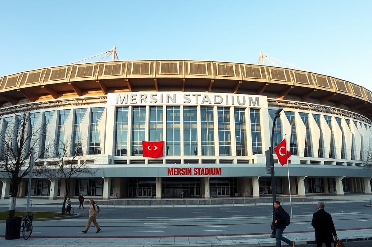 Mersin Stadyumu'nun geniş açıdan dış cephe fotoğrafı, öğle vakti; az sayıda insan arka planda küçük ve yüzleri seçilmez