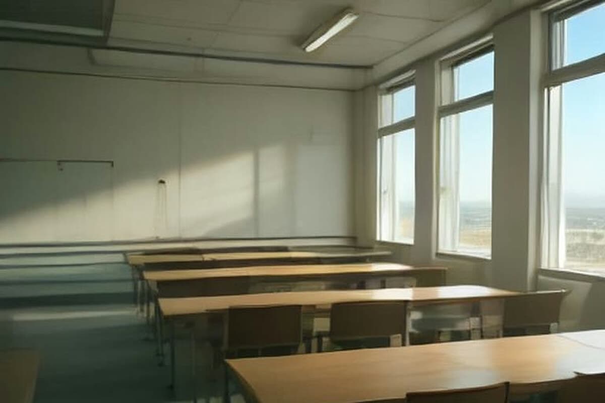 Boş bir okul bilgisayar laboratuvarı; sıralanmış dizüstü bilgisayarlar ve sandalyeler, pencereden sabah ışığı giriyor, dışarıda Karaman'ın düz arazisi görünür.