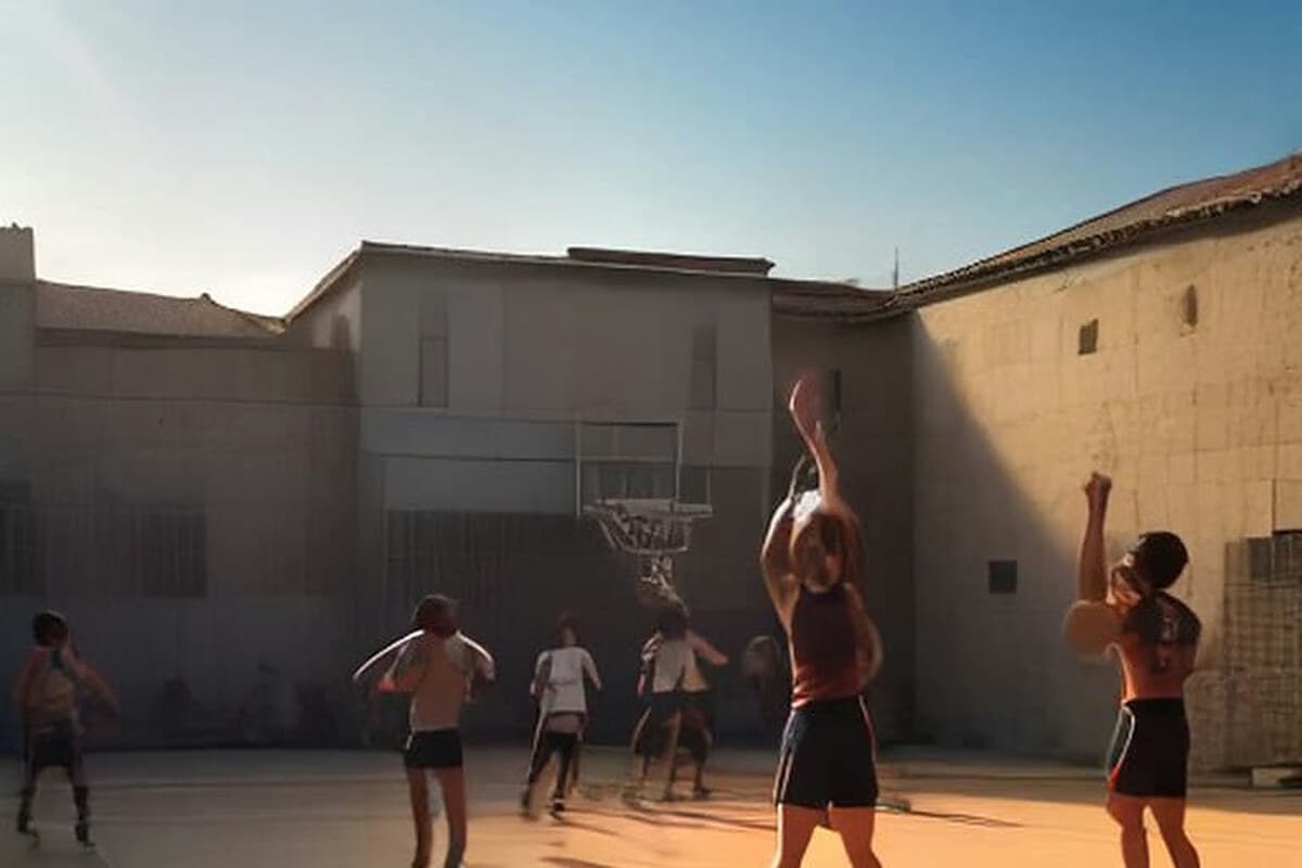 Açık hava 3x3 basketbol sahasında arka planda Torosların silueti; sahada bir grup kamu çalışanı oyuncusu sırtları kameraya dönük olarak el ele zıplıyor ve orta kısımda bir kupa masaya konmuş durumda. Eylül sonu/ekim başı gün ışığı, saha çevresinde koltuklar ve tel çit görünür.