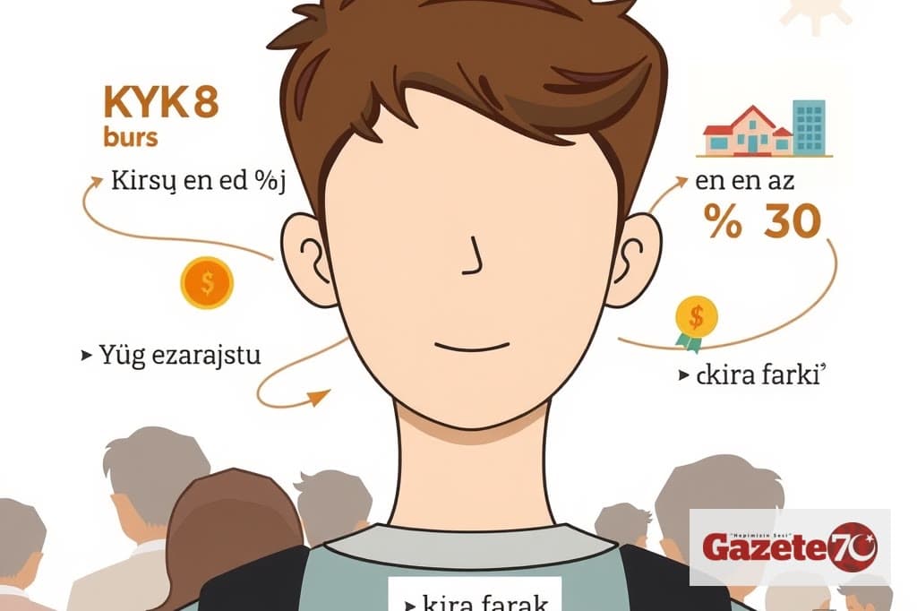 Gençlik temsilcisinin KYK bursu ve kira farkını vurguladığı, grafik öğelerle oluşturulmuş illüstrasyon. Yüz görünmüyor; genç bir figürün heyecanlı duruşu yerine ikonlar ve metinle anlatım yapılmış.
