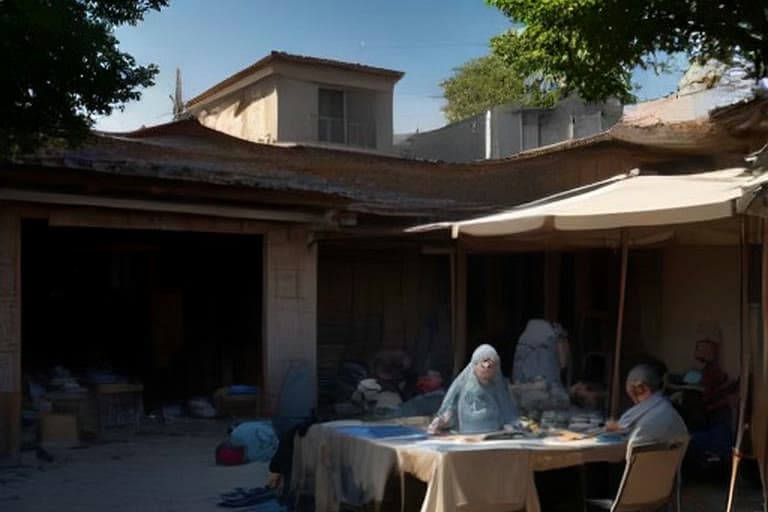 Açık alanda, Karaman taşra dokusunda bir meydanda masanın etrafında duran, arka planda dağ siluetiyle anonim kişiler acil durum çantaları hazırlıyor; çantalar ve malzemeler (el feneri, su şişesi, ilkyardım çantası) görünür.