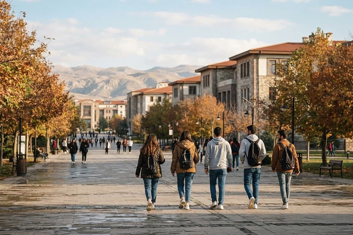 Karamanoğlu Mehmetbey Üniversitesi ana kampüs giriş yolu; arka planda üniversite binaları, önde sırtı dönük küçük öğrenci grubu yürürken, sonbahar gün ışığı