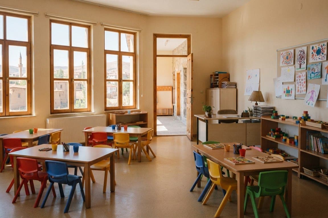 Küçük sıralar ve rengârenk minderlerle düzenlenmiş boş bir anaokulu sınıfı, duvarda çocuk çizimleri, sabah ışığı pencereden içeri süzülüyor.