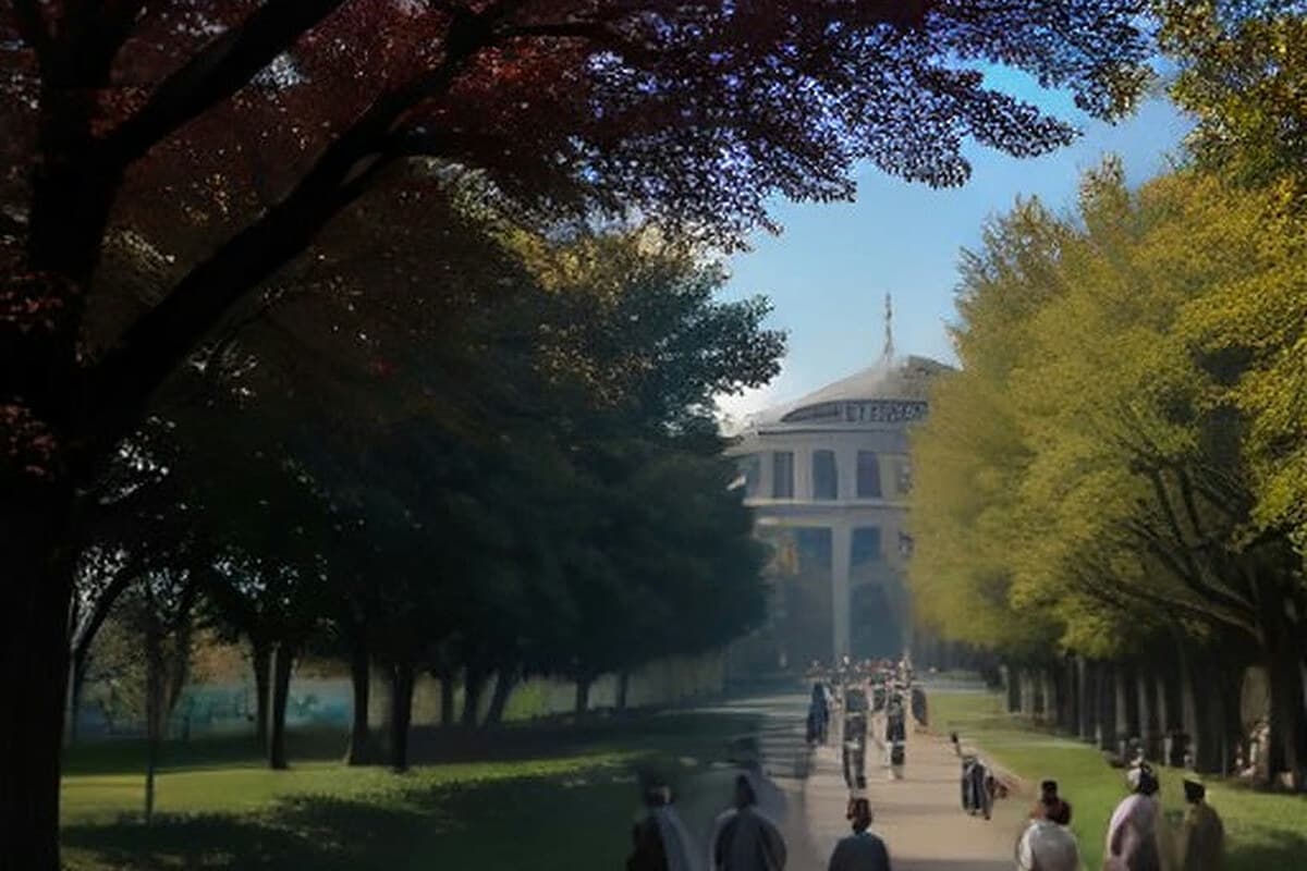 Karamanoğlu Mehmetbey Üniversitesi kampüsünde, kütüphane önünden başlayan yürüyüşe katılan akademik ve idari personel ile öğrenciler arkadan görünümde yürürken; yürüyüşün sona erdiği açık futbol sahasında geleneksel Türk okçuluğu gösterisi yapan okçular hedefe nişan alıyor. Fotoğraf kampüs yolunu ve açık sahayı, arka planda Rektörlük binasının siluetini ve hafif sonbahar ışığını gösteriyor.