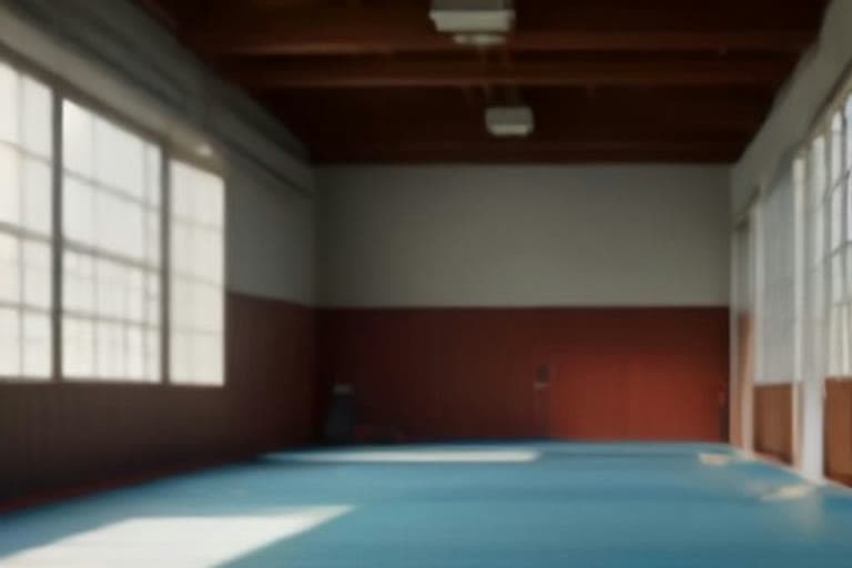 Boş spor salonunda Wushu eğitim minderleri, duvarda sıraya dizilmiş ahşap eğitim sopaları ve yerde kırmızı-mavi darbe kalkanları; yüksek pencerelerden düşük eğimli sonbahar ışığı süzülüyor.