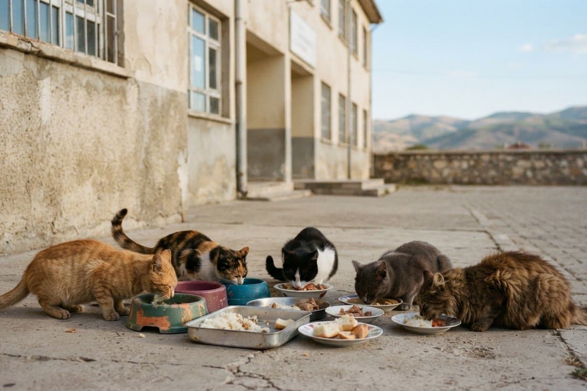 Başyayla'da pansiyon öğrencileri 4 Ekim'de okul çevresindeki kedileri besledi
