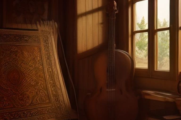 Bir ahşap yakma kalemi ve bağlama enstrümanının bulunduğu çalışma masası