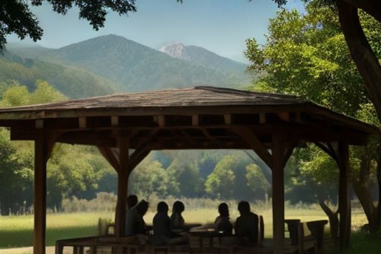 Köy okulunun bahçesinde, ağaçların altında oturan ve not defterlerine bir şeyler yazan öğrenciler.