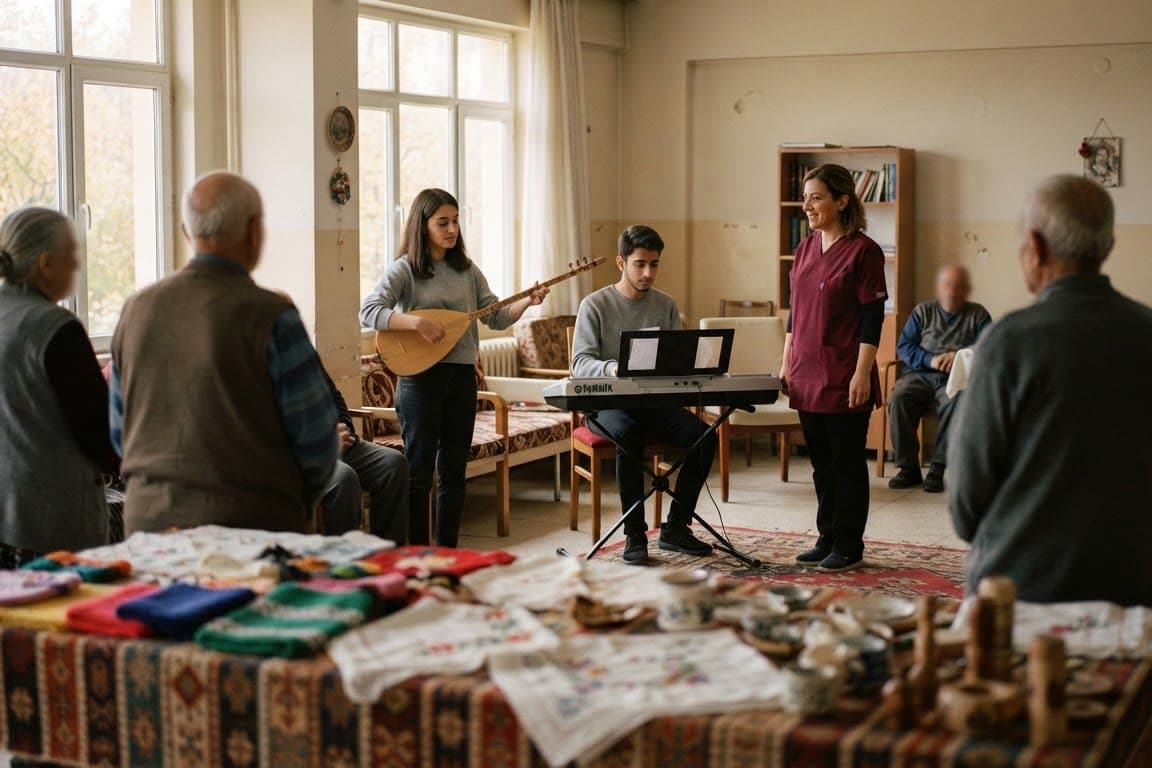 Dursun Fakih Huzurevi ortak salonda gündüz ışığında sergi masalarında huzurevi sakinlerinin el işi ürünleri; arka planda müzik dinletisi yapan üniversite öğrencileri ve huzurevi personeli, kişiler arkadan veya profilden, yüzler tanınmayacak şekilde bulanık.