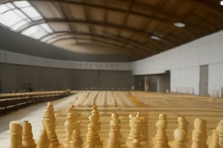 Yeni Karaman Stadyumu'ndaki satranç salonunda satranç masalarının üzerindeki satranç takımları.