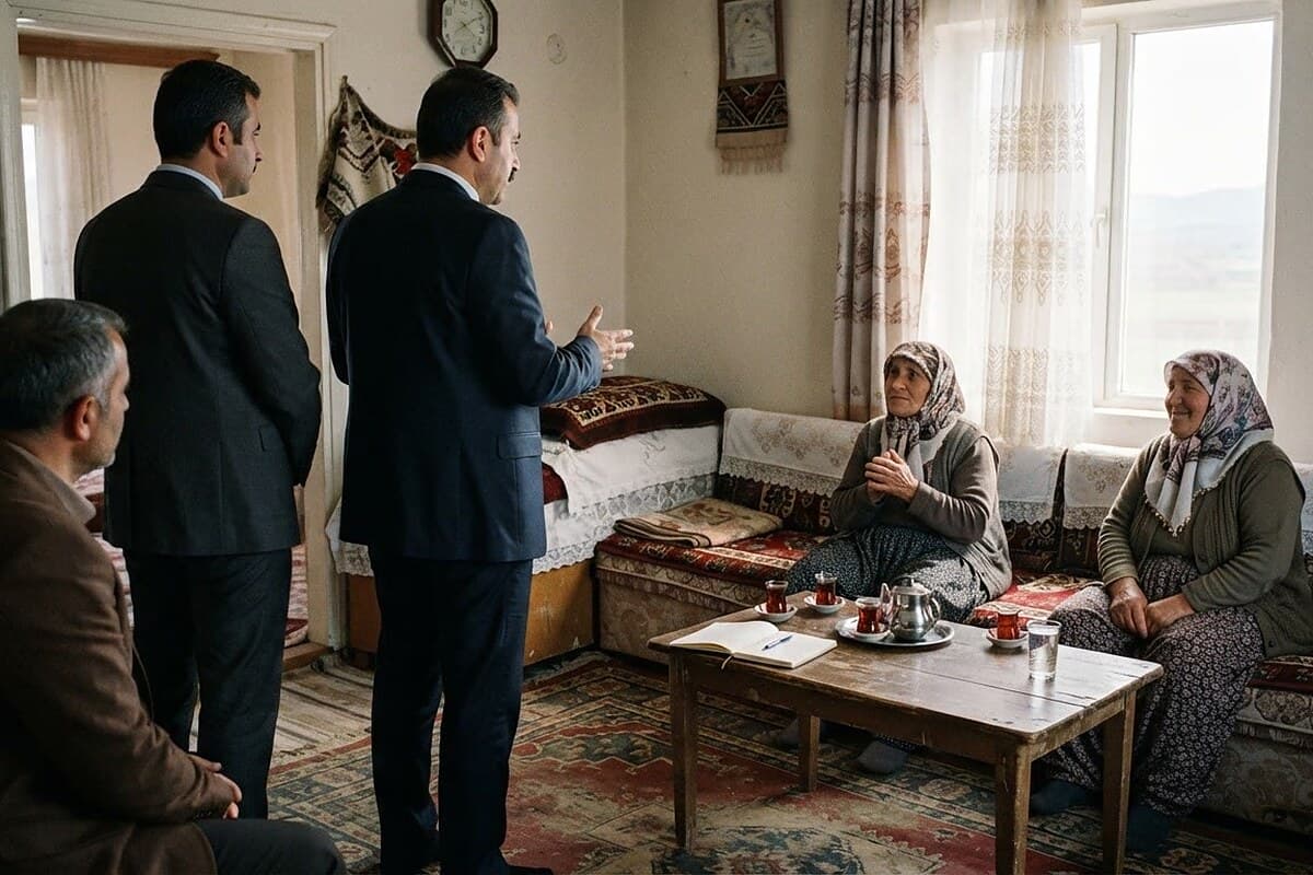 Karaman'da bir oturma odasında, arka planı görünen pencereden gündüz ışığı girerken, bir grup yetişkin (arkadan ve yarı profilden, yüzleri tanınmayacak şekilde) küçük bir oturma odasında yaşlı kadınlarla sohbet ediyor; sehpa üzerinde çay takımı ve not defteri.