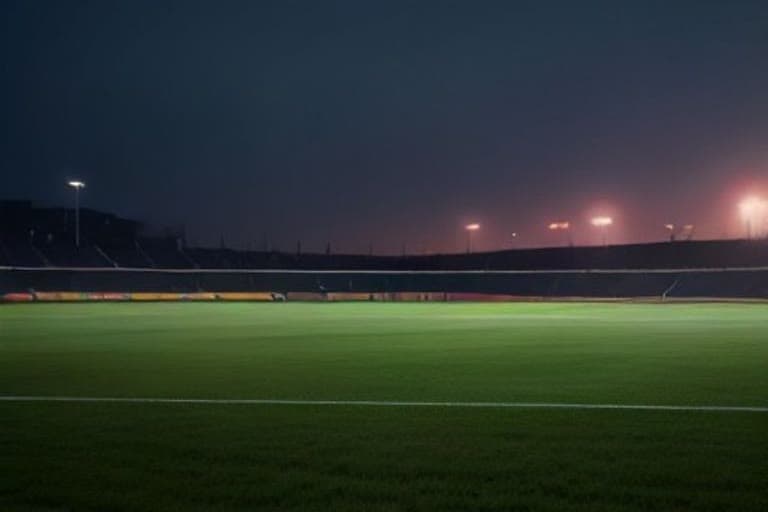 Boş bir futbol stadyumu, yeşil saha ve kenarındaki boş yedek kulübeleri.
