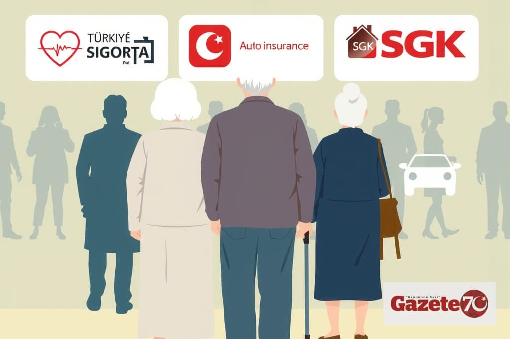 Emeklileri temsil eden çizgisel karakterler ve sağlık, konut, kasko ikonlarıyla birleşen güvenlik temalı illüstrasyon; yüz yok