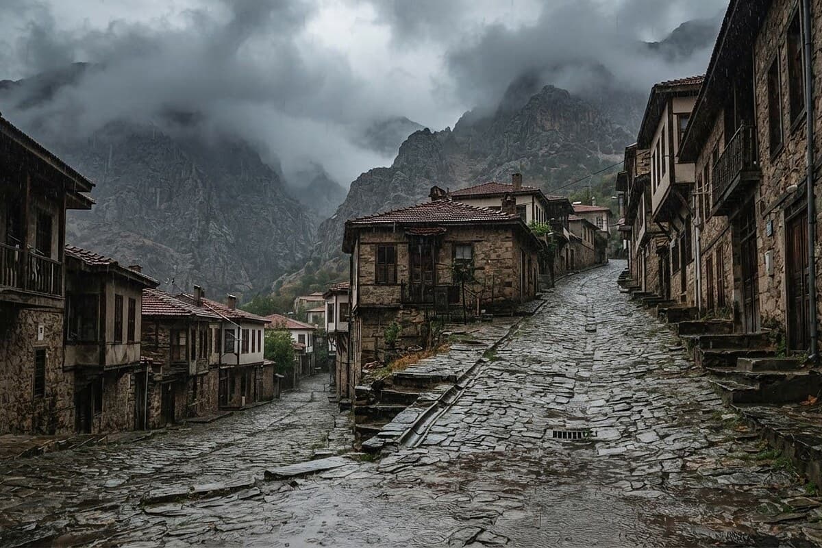 Ermenek'te yağışlı bir havada dağlık manzara
