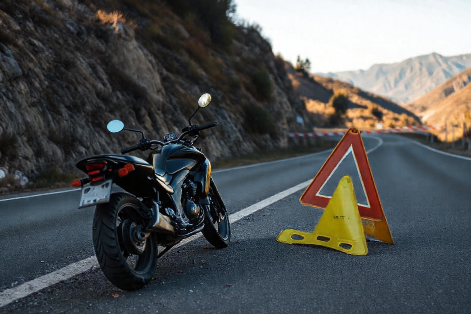 Karaman‑Ermenek yolunda boş motosiklet ve uyarı üçgeni, yol kenarında polis bariyeri, sonbahar ışığında dağlık manzara.