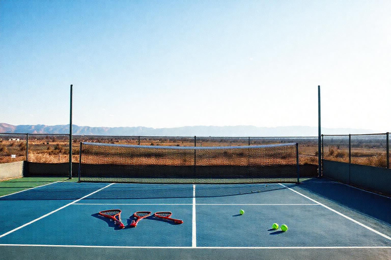 Boş açık hava tenis kortu, çocuk boyuna uygun mini ağ ve birkaç küçük tenis raketi ile toplar zeminde; arka planda Karaman çevresine uygun ova ve uzaklarda hafif Toros dağları silueti, erken sonbahar ışığı.