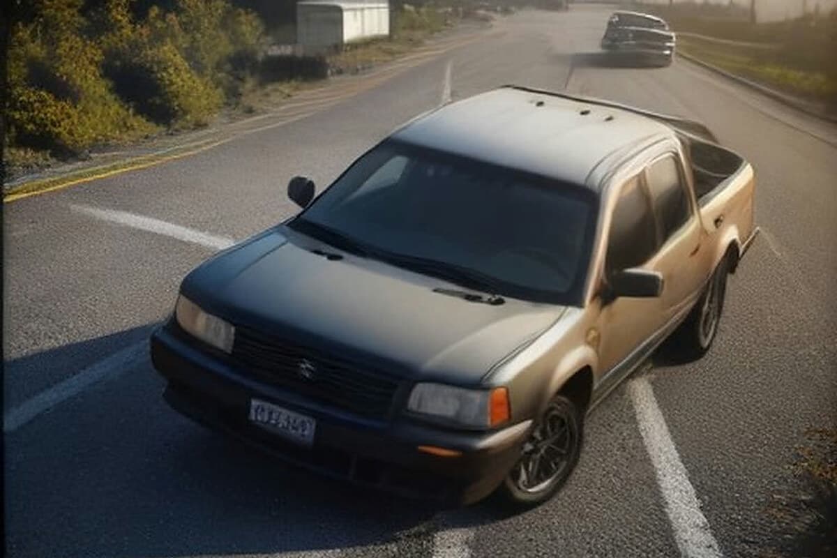 Karaman Otogar Kavşağı'nda akşamüstü boş yol, yol ortasında uyarı üçgeni, kenarda bir otomobil ve bir kamyonet yanlardan görünür şekilde duruyor; uzakta bulanık kırmızı ve mavilikler acil müdahale araçlarını andırıyor, dağlar ufukta hafif görünür.