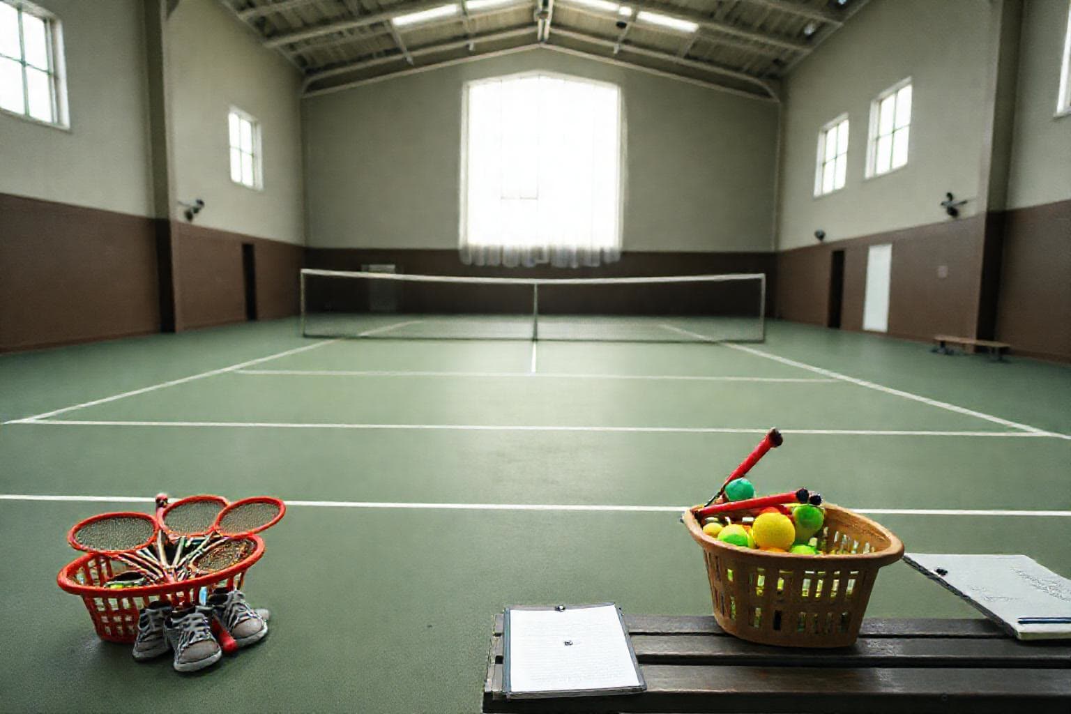 İç mekân spor salonunda boş tenis kortu; tel ağ, küçük çocuk boyuna uygun tenis raketleri, küçük top sepetleri ve çocuk boyu spor ayakkabıları kenarda görünür.