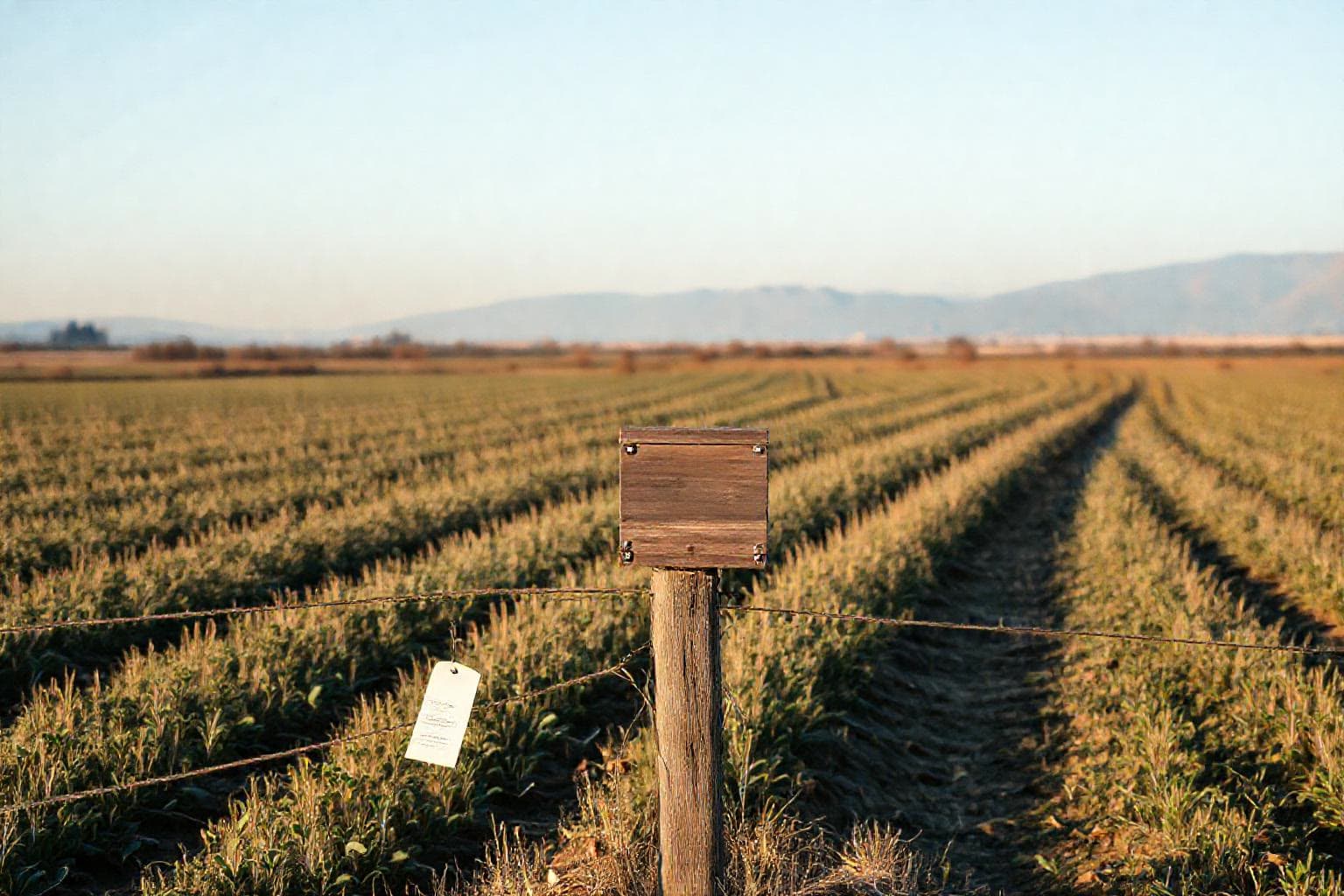 Karaman plain field with a wooden box on a fence used for recording pesticide applications, rows of crops and distant mountains under autumn light.